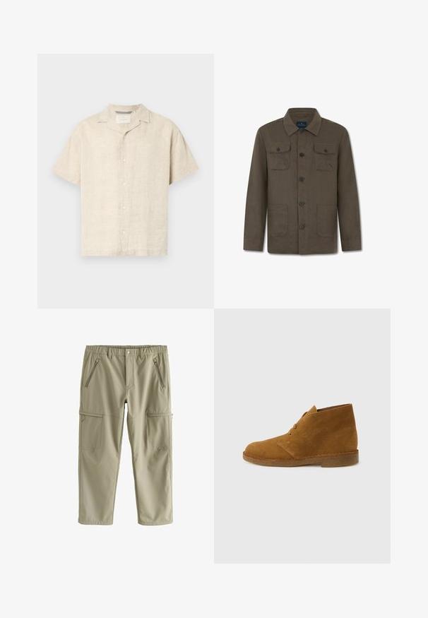 Veste marron à manches longues boutonnée avec col, deux poches à rabat avec boutons sur la poitrine et deux poches avant basses.; Chemise à manches courtes beige clair en lin, dotée d'un col camp, de lignes épurées et d'une texture subtile, avec cinq boutons à l'avant.; Pantalon cargo longueur genou en beige clair, fabriqué en tissu lisse. Il comprend deux poches avant zippées et deux poches plaquées sur les côtés.; Botte désert en daim marron montant à la cheville avec deux œillets et semelle en crêpe sur fond gris clair uni.