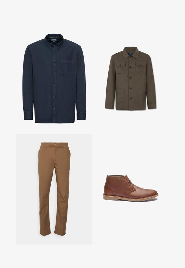 Braune, mit Knöpfen versehene Jacke mit langen Ärmeln und Kragen, zwei Brustklappentaschen mit Knöpfen und zwei unteren Fronttaschen.; Marineblaue Button-Down-Hemd aus Baumwolle. Verfügt über einen klassischen Kragen, lange Ärmel, eine einzelne Brusttasche und dezente Nähdetails.; KnowledgeCotton Apparel Chino - brown; Braune Leder-Ankle Boots mit einem eleganten Design, ausgestattet mit einer schlichten Schnürung, runder Zehenform und Gummisohle. Glatte Textur mit genähten Akzenten.