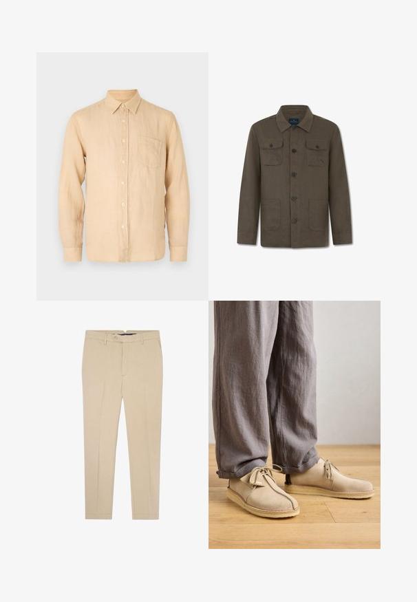 Braune, mit Knöpfen versehene Jacke mit langen Ärmeln und Kragen, zwei Brustklappentaschen mit Knöpfen und zwei unteren Fronttaschen.; Beige Leinenhemd mit langen Ärmeln, Button-Down-Kragen, Fronttasche und einer glatten, leicht strukturierten Oberfläche. Klassische Passform und schlichtes Design.; Beige maßgeschneiderte Hosen mit geradem Schnitt, ausgestattet mit einem Knopfverschluss, Gürtelschlaufen und zwei vorderen Taschen. Baumwollstoff mit glatter Textur.; Beige Wildlederschuhe mit runder Zehenpartie, Schnürdetails und genähten Akzenten, kombiniert mit lockeren grauen Leinenhosen auf einem Holzboden.