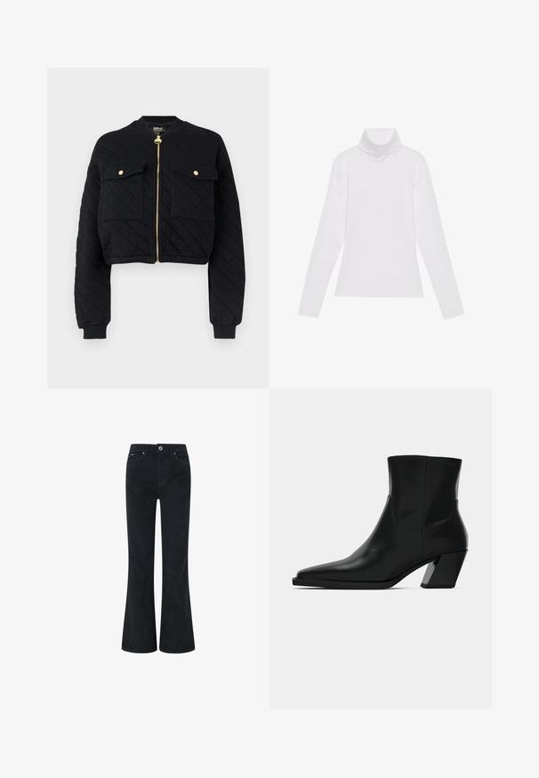 Schwarze gesteppte Bomberjacke mit kurzem Schnitt, goldfarbenem Reißverschluss und zwei Brusttaschen, ausgestattet mit gerippten Ärmelbündchen und Saum.; Weißes Langarm-Turtleneck-Oberteil aus glattem, elastischem Stoff. Mit hohem Kragen und tailliertem Schnitt, ohne sichtbare Muster oder Verzierungen.; Schwarze Corduroy-Bootcut-Hosen mit Knopf- und Reißverschluss, ausgestattet mit zwei vorderen Taschen und einer glatten Textur. Gerade Beinoptik.; Schwarze Leder-Stiefelette mit spitzem Zeh, schlanker Silhouette und klobigem quadratischem Absatz. Glatte Textur mit minimalen Nähdetails.