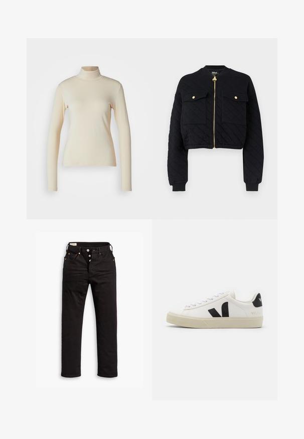 Veste bomber matelassée noire avec une coupe courte, une fermeture éclair dorée et deux poches poitrine, dotée de poignets et d'une taille côtelés.; Haut à col roulé à manches longues de couleur crème, fabriqué en tissu lisse et extensible ; design ajusté avec un col haut et sans motifs ni accents visibles.; Jean noir à jambe droite avec fermeture à boutons, poches avant et arrière, et détails en rivets cuivrés sur fond blanc.; Baskets en cuir blanc avec un logo V en caoutchouc noir. Semelle texturée blanc cassé, lacets blancs et détail sur le talon arrière portant le nom de la marque en noir.