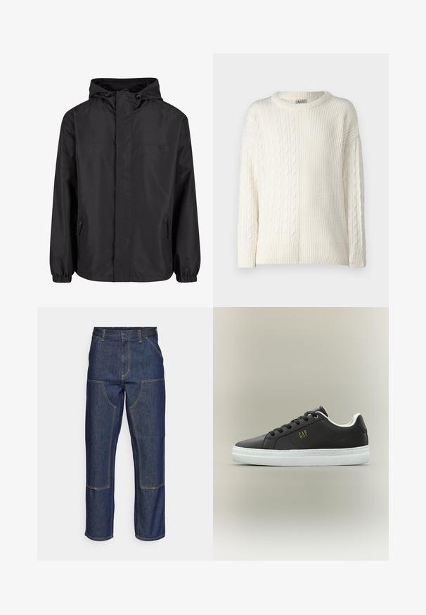 Zwarte waterdichte jas met een capuchon, elastische manchetten en twee ritszakken aan de zijkant. Glad textuur en een rechte pasvorm.; Denim Project DPMDPKNITTED COMBINED SWEATSHIRT - Trui - off white; Donkerblauwe denim jeans met een hoge taille, rechte pijpen, contrasterende stiksels en opgestikte zakken aan de voorkant.; Zwarte lage sneaker met witte zool, zwarte veters en goudkleurig "GAP"-logo aan de zijkant, zij-aanzicht tegen een neutrale achtergrond.