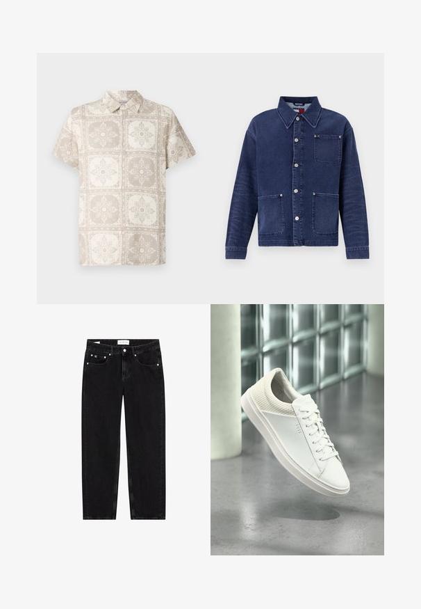 Jeansjakke i mørkeblå farve, med knaplukning foran og to forlommer. Har en krave og diskrete syninger.; Kortærmet skjorte med knapper i beige med et gentaget blomsterdesign. Fremstillet af et let stof med et naturligt, struktureret udseende.; Sorte denim jeans med lige pasform, let slidte teksturer, fem lommer og sølvfarvede detaljer. Mærke på taljebåndet.; Hvid sneaker med lavt snit, quiltet hæl og mærket "BOSS" på siden, vist svævende indendørs på en grå poleret gulv.