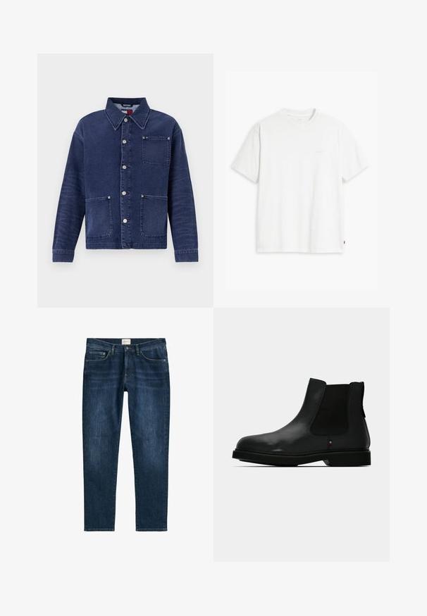 Jeansjakke i mørkeblå farve, med knaplukning foran og to forlommer. Har en krave og diskrete syninger.; Hvid t-shirt i bomuld med korte ærmer, rund halsudskæring og en diskret "Levi's"-logo trykt i lyse farver på forsiden.; Mørkeblå denimjeans med lige ben, fem lommer, bæltestropper og subtil falming. Stoffet har en glat tekstur.; Sort læder Chelsea-støvle med elastiske sidepaneler, rund tå og tekstureret overdel. Har en flad gummisål og diskret mærkedetalje.