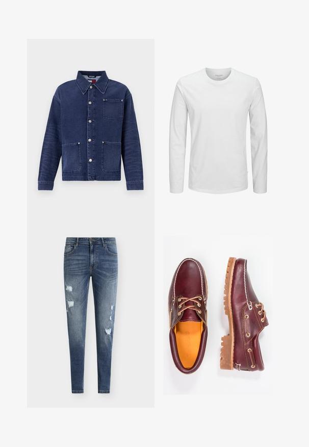 Jeansjacke in Dunkelblau, mit Knopfverschluss auf der Vorderseite und zwei Fronttaschen. Verfügt über einen Kragen und dezente Nähte.; Langärmliges weißes T-Shirt aus Baumwolle. Mit Rundhalsausschnitt, regulärer Passform und dezentem Markentag an der Seite. Glatte Textur.; Eng anliegende blaue Denim-Jeans mit Used-Details, mehreren Rissen und ausgewaschenem Look. Mit Fünf-Taschen-Design und Gürtelschlaufen.; Bordeauxfarbene Lederschuhe mit braunen Gummisohlen, runder Zehenform, weißen Nähten und goldenen Ösen. Das Innenfutter weist eine gelbe Beschichtung auf.