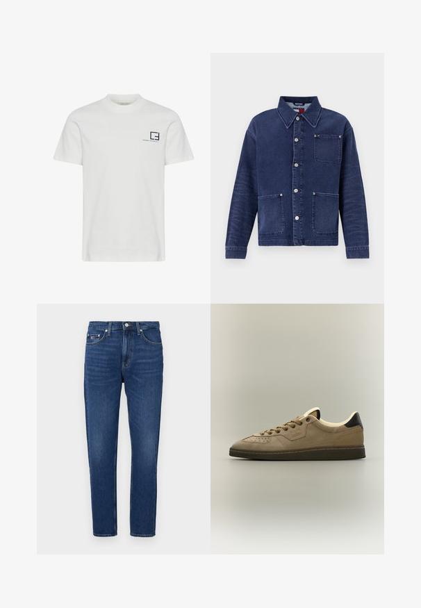 Veste en denim de couleur bleu foncé, dotée d'une fermeture à boutons à l'avant et de deux poches avant. Présente un col et des détails de couture subtils.; T-shirt en coton blanc avec un col rond et des manches courtes. Présente un logo graphique bleu marine et du texte sur la partie gauche de la poitrine.; Jean en denim bleu foncé avec une coupe droite, cinq poches et une fermeture à bouton. Présente un léger délavage et une étiquette logo sur la poche avant.; Baskets basses beiges en daim avec semelle marron foncé, bout perforé, laçage devant et languette noire au talon.