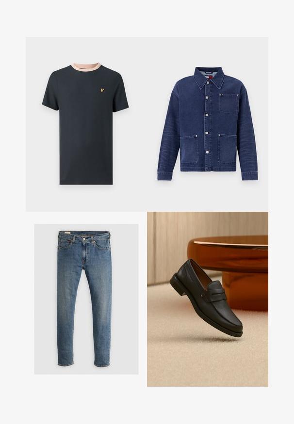Jeansjacke in Dunkelblau, mit Knopfverschluss auf der Vorderseite und zwei Fronttaschen. Verfügt über einen Kragen und dezente Nähte.; Dunkelblaues T-Shirt mit kurzen Ärmeln, kontrastierendem hellrosa Rippkragen und einem kleinen goldenen Emblem auf der Brust. Weiches Baumwollmaterial.; Blaue Jeans aus Denim mit geradem Schnitt, ausgestattet mit fünf Taschen, einem Reißverschluss und kupferfarbenen Nieten. Der Stoff hat ein verblasstes Finish und eine leichte Textur.; Schwarzer Leder-Herrenloafer mit einem Band über dem Spann, auf beigem Teppich neben einem braunen modernen runden Tisch präsentiert.