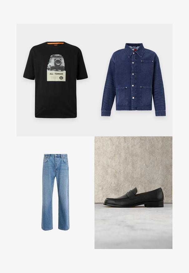 Jeansjakke i mørkeblå farve, med knaplukning foran og to forlommer. Har en krave og diskrete syninger.; Sort bomulds T-shirt med rund hals, der har et grafisk print af et klassisk køretøj og teksten "ALL - TERRAIN" på brystet.; Lyseblå denim jeans med lige ben-design, fem lommer, knaplukning, minimal falming og kontraststingdetaljer.; Sort lædersko i loafer-stil svæver over et beige tæppe med et blankt brunt rundt bord i baggrunden.