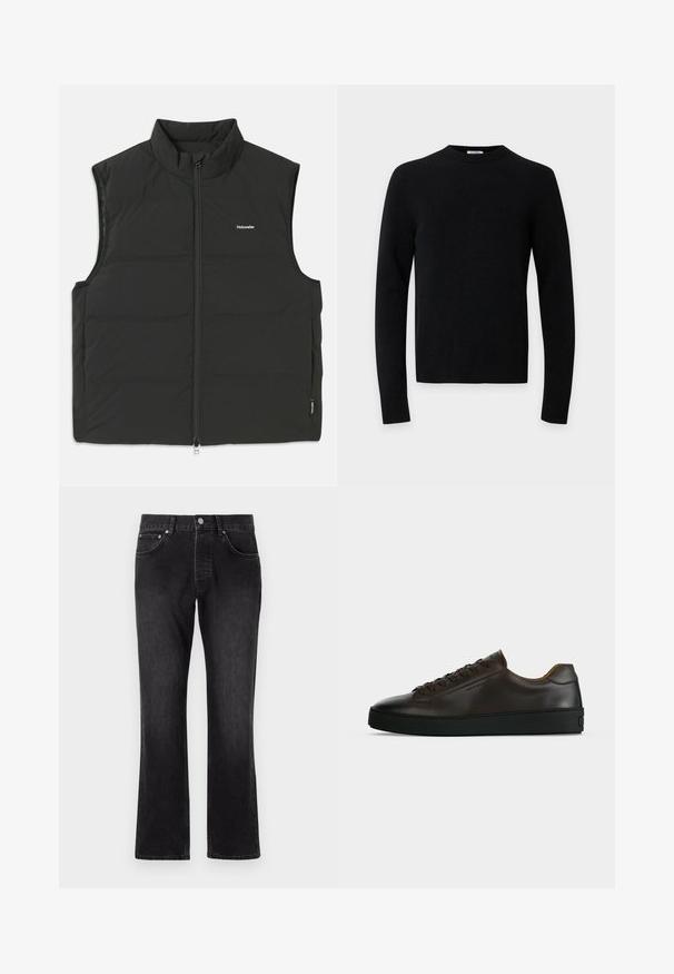 Schwarze Steppweste mit hohem Kragen, Reißverschluss und ohne Ärmel. Leichtes Material mit sichtbaren Nähten und kleinem Logo auf der Brust.; Schwarzer Pullover mit langen Ärmeln und Rundhalsausschnitt mit geripptem Saum und Bündchen vor einem schlichten hellgrauen Hintergrund.; Schwarze Denim-Jeans mit geradem Bein, mittlerer Taillenhöhe, Fronttaschen und klassischem Knopfverschluss.; Flach geschnittener dunkelbrauner Ledersneaker mit schwarzer Gummisohle, Schnürung vorne und schlicht-minimalistischem Design auf hellem Hintergrund.