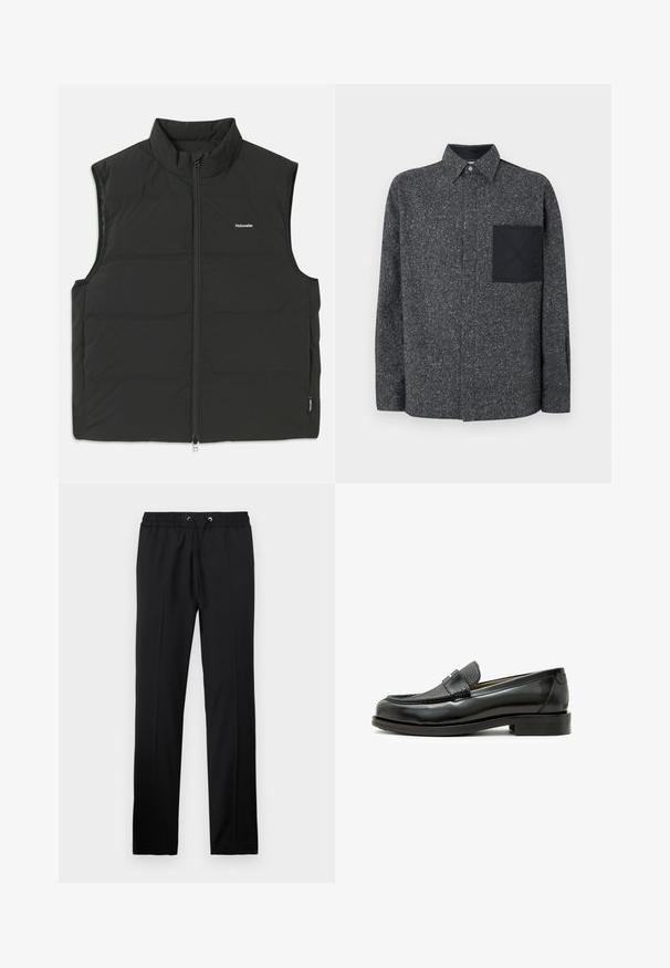 Schwarze Steppweste mit hohem Kragen, Reißverschluss und ohne Ärmel. Leichtes Material mit sichtbaren Nähten und kleinem Logo auf der Brust.; Iceberg Hemd - fantasia mix di grigi; Iceberg PANTALONI - Stoffhose - nero; Schwarzer Lederloafer mit strukturiertem schwarzen Lederakzent, abgerundeter Zehenform und niedrigem Blockabsatz; verfügt über ein dekoratives metallisches Detail.