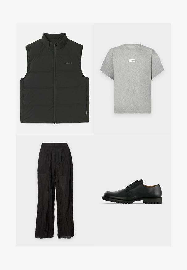 Chaleco acolchado negro con un cuello alto, cierre de cremallera y sin mangas. Tejido ligero con costuras visibles y un pequeño logo en el pecho.; Camiseta gris de manga corta hecha de algodón suave. Presenta una etiqueta rectangular en la parte delantera con texto negro y un diseño minimalista.; Pantalones de lino negros de pierna ancha con un acabado texturizado. Presentan una cinturilla elástica y pliegues sutiles.; Zapato de vestir negro de cuero con cordones, suela gruesa y acanalada y tacón bajo mostrado sobre fondo blanco.