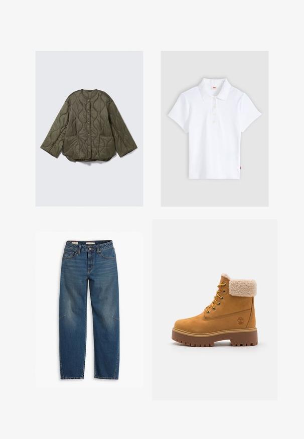 Olijfgroene gewatteerde jas met een ronde halslijn, grote knopen, twee voorzakken en een getextureerd golfpatroon. Lange mouwen, losse pasvorm.; Wit kortärmelig geribd poloshirt met kraag en vier knopen, plat gelegd op een lichtgrijze achtergrond.; Blauwe denim jeans met een relaxte pasvorm, voorzien van een hoge taille, rechte pijpen, zichtbare stiksels en een kleine accent op de linkerknee.; Tan suède laars met een nepbont kraag, gouden oogjes en een contrasterende rubberen zool. Voorzien van een logo op de zijkant en een gestructureerde loopvlak.