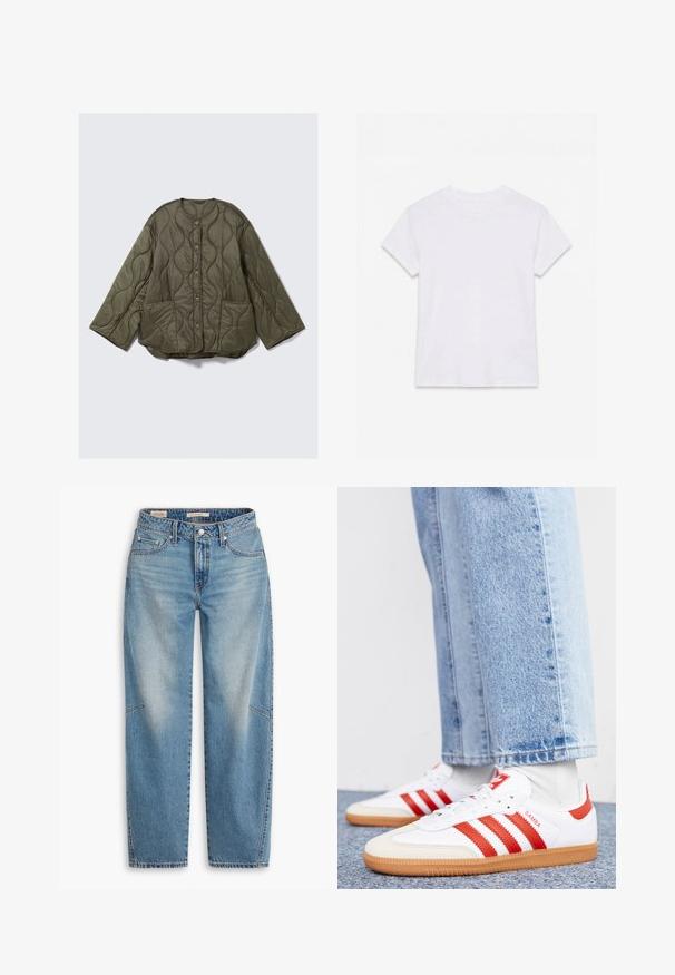 Olivengrøn quiltet jakke med rund halsudskæring, store knapper, to forlommer og et tekstureret bølgemønster. Lange ærmer, afslappet pasform.; Hvid kortærmet t-shirt i bomuld med rund hals, lagt fladt på en hvid baggrund.; Lyseblå denimjeans med løs pasform, lige ben, knapgylp og fem-lomme-stil med subtile falme- og syningsdetaljer.; Hvide lædersneakers med røde striber og accenter. Har en tekstureret gummisål og polstret krave. Bæres med lyseblå denim.