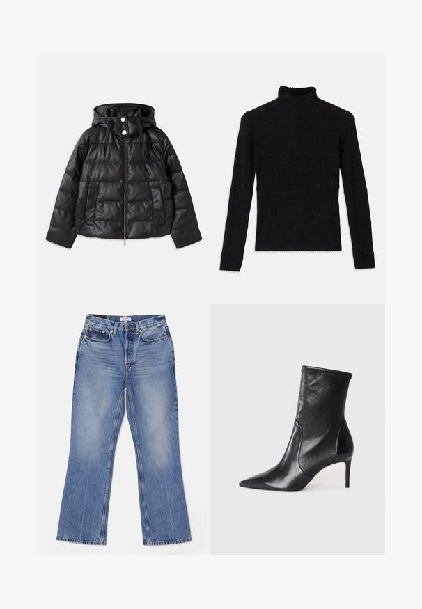 Doudoune noire avec capuche, en simili cuir. Elle présente une texture côtelée, une fermeture éclair à l'avant, des boutons-pression et deux poches latérales.; Pull en maille côtelée noir à col roulé, à manches longues et finition texturée. Présente des rayures horizontales et un ourlet festonné au niveau des manches.; RE/DONE LOOSE - Jean bootcut - hacienda; Bottes noires à la cheville en cuir lisse, dotées d'un bout pointu, d'un tige ajustée et d'un talon haut fin. Design minimaliste sans quincaillerie visible.