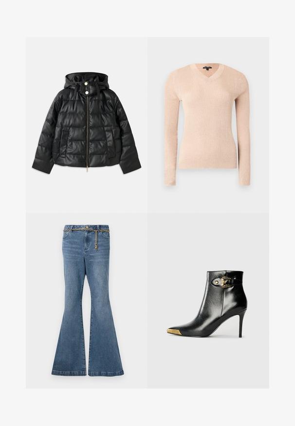 Doudoune noire avec capuche, en simili cuir. Elle présente une texture côtelée, une fermeture éclair à l'avant, des boutons-pression et deux poches latérales.; Pull côtelé à manches longues de couleur rose pâle avec un col en V. Fabriqué en matériau doux, présentant une coupe ajustée et une surface texturée.; Jean flare en denim délavé moyen, avec un détail en chaîne dorée à la taille et une conception standard à cinq poches.; Bottine noire en cuir brillant, avec un bout pointu, un talon aiguille, et des accessoires dorés ornés d'une boucle décorative.