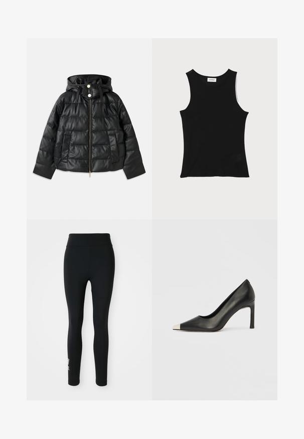 Chaqueta acolchada negra con capucha, hecha de cuero sintético. Presenta textura acanalada, una cremallera frontal, botones a presión y dos bolsillos laterales.; Top de tirantes negro acanalado con escote redondo y tirantes anchos, que presenta un acabado texturizado sutil y un pequeño detalle de malla en el dobladillo.; Leggings negros hechos de tela elástica, con una cintura alta y un pequeño logotipo impreso en una pierna. Textura suave, diseño ajustado.; Zapato de tacón alto de cuero negro con punta en forma de pico y una tapa metálica plateada. Presenta un acabado suave y un tacón delgado de 10 cm.
