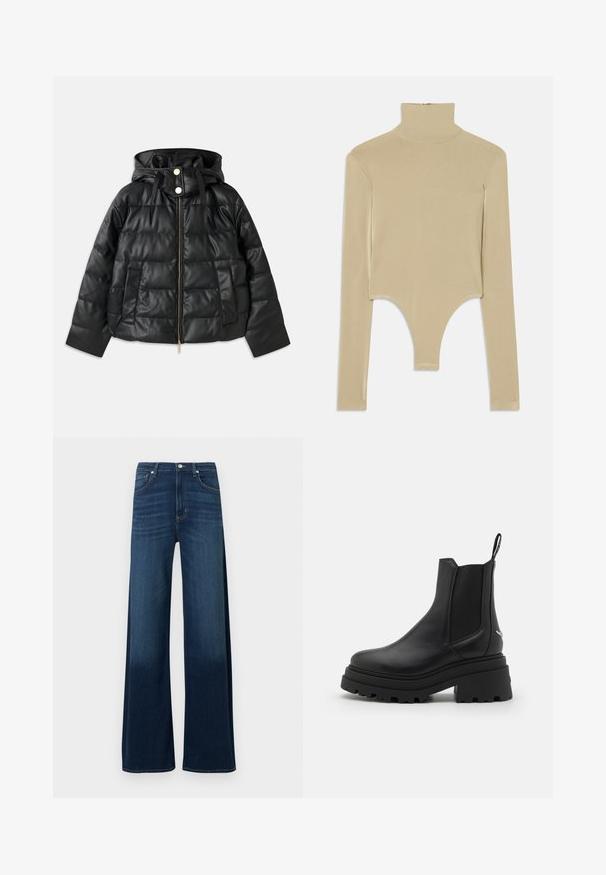 Sort puffjakke med hætte, lavet af faux læder. Har ribbet tekstur, en frontlynlås, trykknapper og to sidelommer.; Beige langærmet turtleneck top i glat stof, med en udskåret bund, der har en tætsiddende facon og minimalisk design.; Jeans med vide ben i mørkeblå denim. Har høj talje, fem lommer, diskret viskelædereffekt og syningsdetaljer langs sømmene.; Sorte chelsea støvler lavet af glat læder med elastiske sidepaneler, en tyk, rillede gummisål og en pull-tab bagpå.