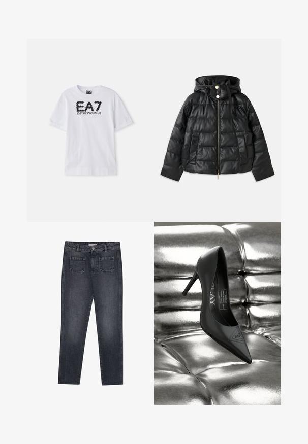 Sort puffjakke med hætte, lavet af faux læder. Har ribbet tekstur, en frontlynlås, trykknapper og to sidelommer.; Hvid bomulds T-shirt med et sort strass-logo "EA7 EMPORIO ARMANI" på forsiden, korte ærmer og en rund halsudskæring.; Mørkegrå denim jeans med lige benpasform. Har to baglommer, knaplukning og bæltestropper. Subtil falmningstekstur.; Sorte læder højhælede pumps med spids tå og et logo-tag. Sat mod en skinnende metallisk tuftet baggrund.