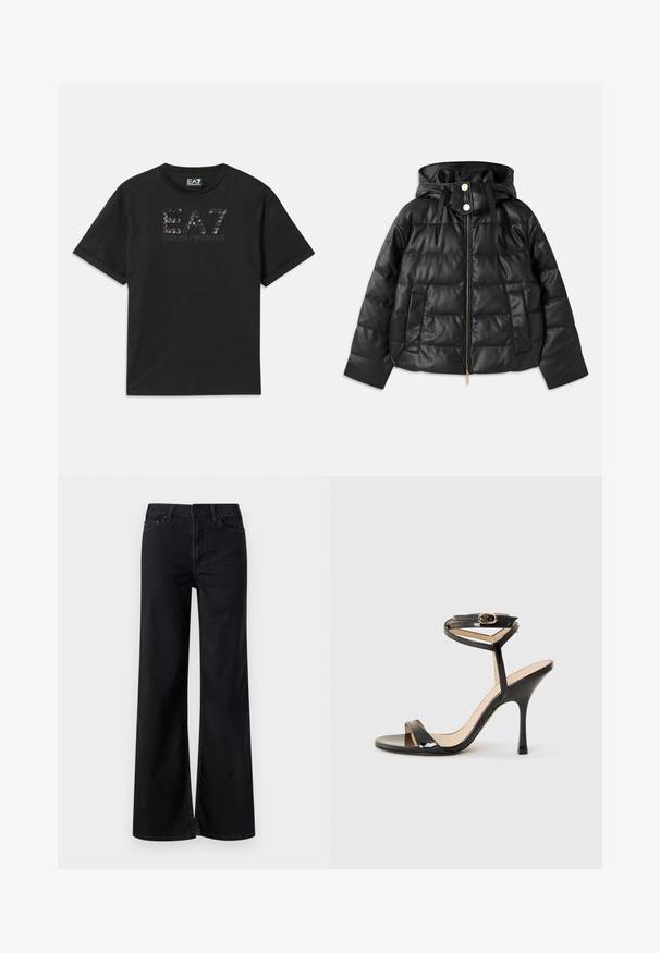 Sort puffjakke med hætte, lavet af faux læder. Har ribbet tekstur, en frontlynlås, trykknapper og to sidelommer.; Sort bomulds T-shirt med et tekstureret logo design i pailletter, hvor "EA7" og "EMPORIO ARMANI" er trykt i grå på forsiden. Korte ærmer.; Sorte bukser med brede ben lavet af denim. Har et klassisk fem-lomme design, lynlåsåbning og subtile stikningsdetaljer. Glat overflade.; Sorte patentlæder højhælede sandaler med tynd ankelrem og spænde, åben tå og slank stiletto hæl på hvid baggrund.