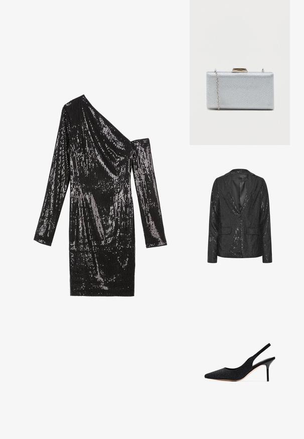 Schwarzer Paillettenblazer mit langen Ärmeln, einem Knopfverschluss, Reverskragen und zwei vorderen Klapptaschen, innen gefüttert.; Anna Field Cocktailkleid/festliches Kleid - black; Schwarze Slingback-Pumps mit spitzer Zehenform, verziert mit Strasssteinen. Sie verfügen über ein elegantes Design, hohe Stiletto-Absätze und ein glattes Innenfutter.; Rechteckige silberne Clutch aus strukturiertem Metallic-Stoff, mit einem Klappverschluss und einem abnehmbaren Kettenriemen zum Tragen.