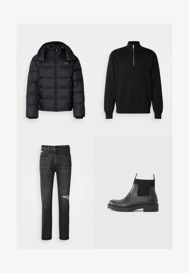 Doudoune noire avec fermeture éclair à l'avant, de longueur courte, au design matelassé et avec un col haut. Présente un logo sur la poitrine gauche et des poignets élastiques.; Pull à col zippé noir en tissu lisse, avec un col haut et des manches longues, et un logo discret sur la poitrine.; Jean en denim noir avec une coupe droite, des détails déchirés au niveau des genoux, un style à cinq poches et une finition légèrement délavée.; Bottines noires en caoutchouc avec une finition mate, présentant un design épuré, des panneaux élastiques et une semelle épaisse pour une meilleure traction.