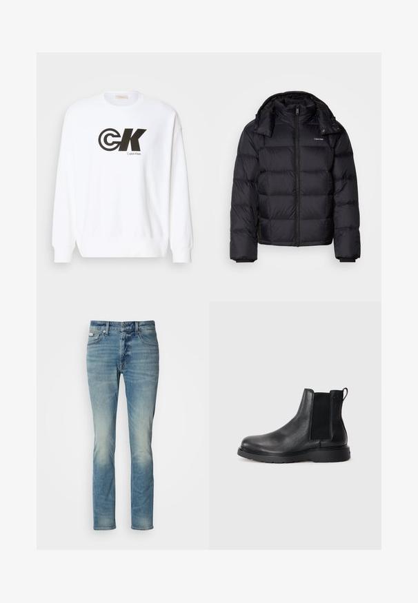 Sort pufferjakke med lynlås foran, kort længde, quiltet design og høj krave. Har et logo på venstre bryst og elastiske manchetter.; Hvid sweatshirt lavet af bomuld med et sort Calvin Klein-logotryk. Den har en rund halsudskæring og ribben ved ærmerne og i bunden.; Lyseblå denim jeans med lige snit, fem-lomme design og let falmning. Knap- og lynlåslukning i taljen.; Sorte læder chelsea støvler med tekstureret finish, elastiske sidepaneler og en robust gummisål. Subtil branding på hælen.