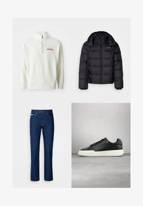 Doudoune noire avec fermeture éclair à l'avant, de longueur courte, au design matelassé et avec un col haut. Présente un logo sur la poitrine gauche et des poignets élastiques.; Sweatshirt léger crème avec un col montant, fermeture à demi-zip et logo "calvin" brodé en rouge sur la poitrine. Texture douce, coupe décontractée.; Jean en denim bleu foncé avec une coupe droite, doté d'une fermeture éclair et d'un bouton, de cinq poches et de détails de couture subtils.; Baskets en cuir noir avec semelle blanche, lacets noirs et logo embossé, flottant au-dessus d'un sol gris avec un mur en verre.