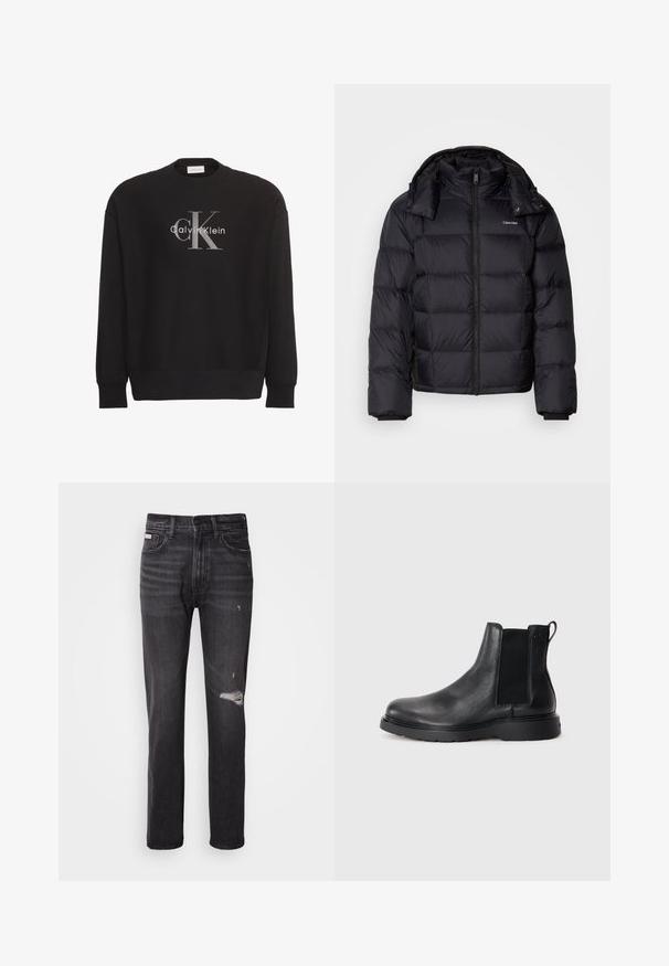 Schwarze Pufferjacke mit einem Reißverschluss vorne, kurzer Länge, gestepptem Design und hohem Kragen. Merkmale ein Logo auf der linken Brust und elastische Bündchen.; Schwarzer Langarm-Sweatshirt mit großem grauem "cK"-Textlogo und weißem "Calvin Klein"-Textlogo, mittig vorne platziert.; Schwarze Denim-Jeans mit gerade geschnittenem Bein, ausgefransten Details an den Knien, Fünf-Taschen-Stil und einem dezenten, ausgewaschenen Finish.; Schwarze Leder-Chelsea-Boots mit strukturiertem Finish, elastischen seitlichen Einsätzen und einer robusten Gummisohle. Dezentes Branding an der Ferse.