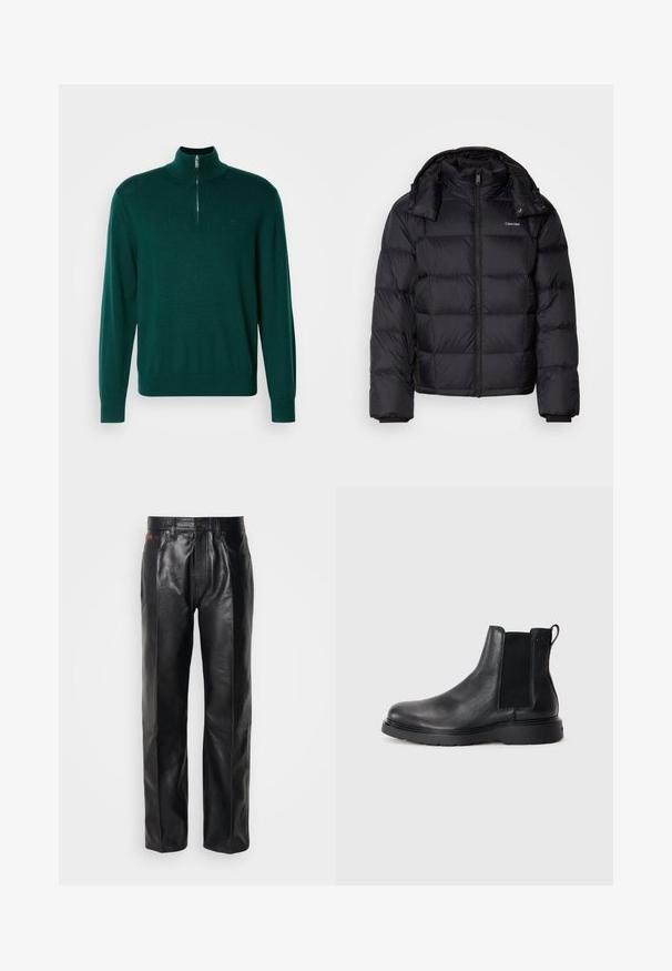 Sort pufferjakke med lynlås foran, kort længde, quiltet design og høj krave. Har et logo på venstre bryst og elastiske manchetter.; Mørkegrøn zip-up sweater med høj krave, lange ærmer og ribbede manchetter. Fremstillet af et glat, let strikket stof. Subtilt logo detalje.; Sorte læderbukser med lige ben design. Funktioner inkluderer knaplukning og forlommer, der fremhæver en glat tekstur og minimal syning.; Sorte læder chelsea støvler med tekstureret finish, elastiske sidepaneler og en robust gummisål. Subtil branding på hælen.