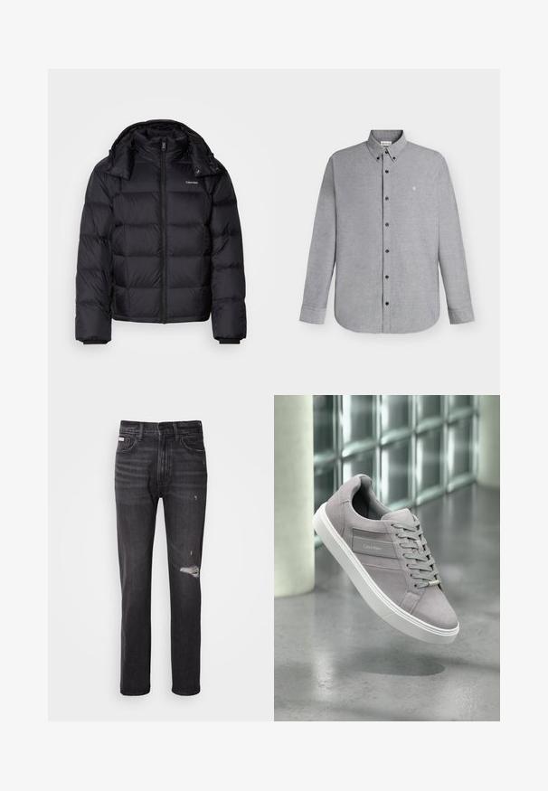 Schwarze Pufferjacke mit einem Reißverschluss vorne, kurzer Länge, gestepptem Design und hohem Kragen. Merkmale ein Logo auf der linken Brust und elastische Bündchen.; Hellgraues langärmeliges Hemd mit Knopfleiste und Knopfkragen sowie kleinem "cK"-Logo, das auf der linken Brustseite eingestickt ist.; Schwarze Denim-Jeans mit gerade geschnittenem Bein, ausgefransten Details an den Knien, Fünf-Taschen-Stil und einem dezenten, ausgewaschenen Finish.; Grauer Wildleder-Sneaker von Calvin Klein mit weißer Sohle und Schnürsenkeln, der über einem polierten Betonboden nahe Glasbausteinen schwebt.