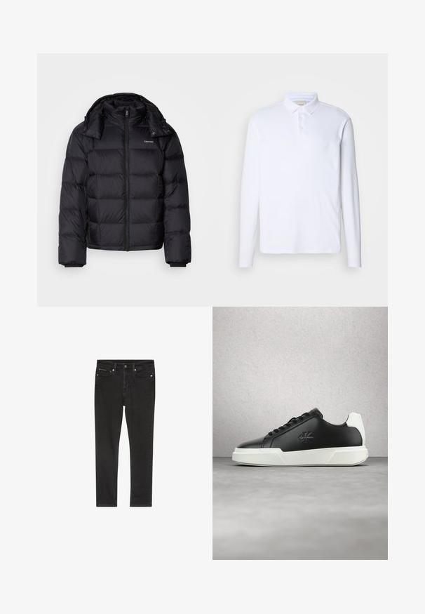 Schwarze Pufferjacke mit einem Reißverschluss vorne, kurzer Länge, gestepptem Design und hohem Kragen. Merkmale ein Logo auf der linken Brust und elastische Bündchen.; Langärmliges weißes Polohemd aus weichem Stoff, mit klassischem Kragen, Drei-Knopf-Leiste und dezentem Logo auf der Brust.; Schwarze Denim-Jeans mit schmaler Passform, ausgestattet mit vier Taschen, einem Metallknopfverschluss und leichten Used-Details. Glatte Textur und klassisches Design.; Schwarzer Ledersneaker mit rundem Zehenbereich, weißer Gummisohle und schwarzen Schnürsenkeln. Mit einem Logo an der Seite und einem kontrastierenden weißen Fersenakzent.