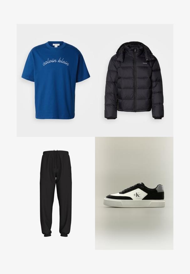 Schwarze Pufferjacke mit einem Reißverschluss vorne, kurzer Länge, gestepptem Design und hohem Kragen. Merkmale ein Logo auf der linken Brust und elastische Bündchen.; Blauses Baumwoll-T-Shirt mit Rundhalsausschnitt und kurzen Ärmeln, auf dem "calvin klein" elegant in weißer Schreibschrift über die Brust gestickt ist.; Schwarze locker sitzende Jogginghose mit elastischem Bund und Bündchen, mit verstellbarem Kordelzug in der Taille.; Schwarz-weißer Low-Top-Sneaker mit schwarzen Schnürsenkeln, grauer Ferse, dicker weißer Sohle und Calvin Klein Logo an der Seitenpartie.