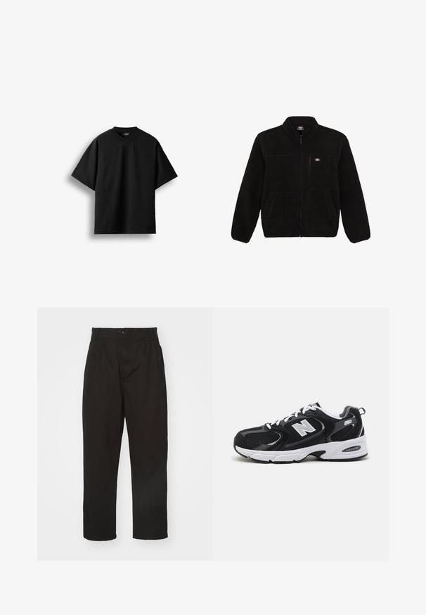 Veste en polaire noire avec une fermeture éclair à l'avant, col haut et deux poches plaquées à l'avant. Présente un petit logo sur le côté supérieur gauche de la poitrine.; T-shirt noir à manches courtes et col rond, présenté à plat sur un fond blanc avec une petite étiquette visible au niveau du col.; Pantalons noirs en tissu lisse, dotés d'une fermeture à bouton, d'une coupe droite et de deux plis à l'avant pour un détail supplémentaire.; Baskets de sport noires et grises avec un tige en mesh et en suède, présentant une semelle intermédiaire blanche, des lacets et un logo "N" audacieux sur le côté.