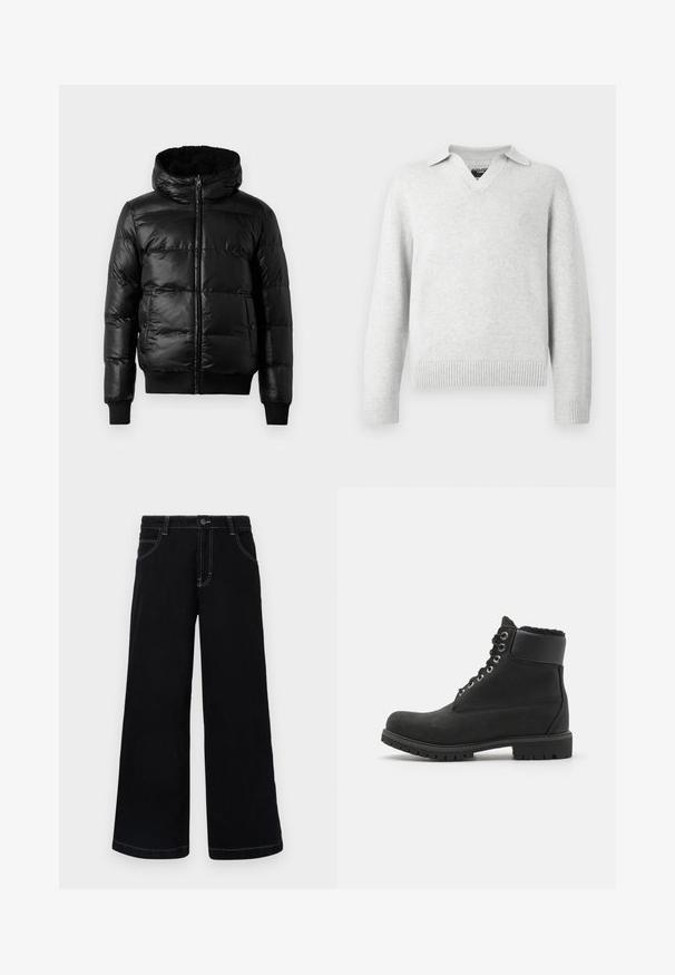 Schwarze Pufferjacke mit einer glänzenden, gesteppte Außenseite, gefütterter Kapuze sowie gerippten Bündchen und Saum. Verfügt über einen Reißverschluss auf der Vorderseite.; Hellgrauer Strickpullover mit V-Ausschnitt und Kragen-Design. Gerippte Bündchen und Saum, mit weichem Material und lässiger Passform.; Schwarze weit geschnittene Jeanshose aus Denim, mit Knopfverschluss, fünf Taschen und kontrastierendem weißen Nähten entlang der Nähte.; Schwarze Knöchelstiefel aus Wildleder mit Gummisohle, ausgestattet mit metallischen Ösen, Schnürsenkeln und einem weichen Kunstfellkragen am oberen Rand.