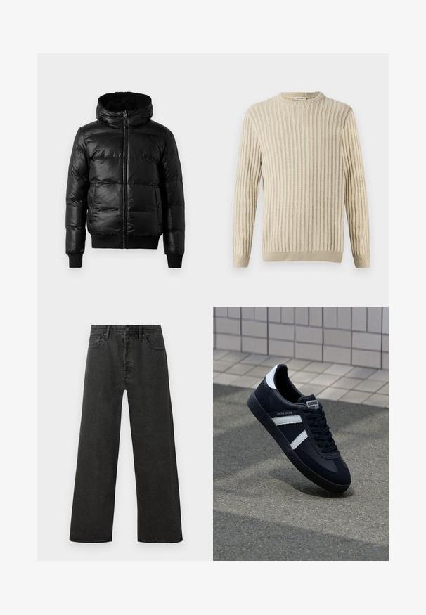 Sort pufferjakke med en skinnende, quiltet overflade, en foret hætte og ribstrikkede manchetter og kant. Har en frontlynlås.; Only & Sons ONSBRANT CREW KNIT - T-shirts print - beige; Sorte højtaljede lige ben jeans i denim med frontknap, lynlås og fem lomme-design på en hvid baggrund.; Sort lædersneaker med hvide striber, tekstureret gummisål og snørrebånd foran. Har et brandet mærke på tungen.
