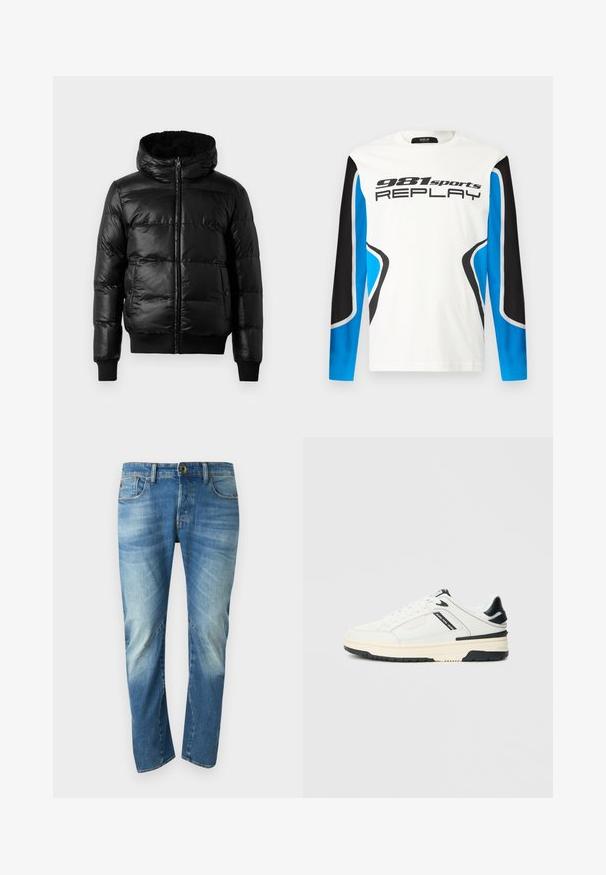 Schwarze Pufferjacke mit einer glänzenden, gesteppte Außenseite, gefütterter Kapuze sowie gerippten Bündchen und Saum. Verfügt über einen Reißverschluss auf der Vorderseite.; Langarm-Sportshirt mit weißer Vorderseite, schwarzen und blauen Ärmeln und dem Aufdruck "981 sports REPLAY" auf der Brust.; Blaue ausgewaschene gerade Jeans mit fünf Taschen, Knopfverschluss und sichtbaren Nahtdetails auf der Vorderseite.; Weißer Low-Top-Sneaker mit schwarzen Akzenten, cremefarbener Sohle, Schnürsenkeln und dem Schriftzug "Jeans Pepe" auf der Seitenfläche.
