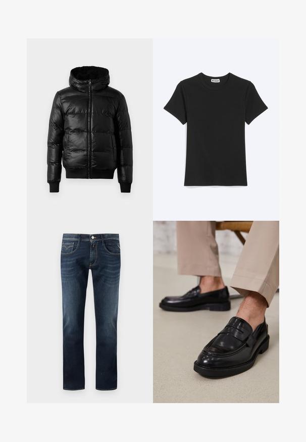 Schwarze Pufferjacke mit einer glänzenden, gesteppte Außenseite, gefütterter Kapuze sowie gerippten Bündchen und Saum. Verfügt über einen Reißverschluss auf der Vorderseite.; Schlichtes schwarzes T-Shirt mit kurzen Ärmeln und Rundhalsausschnitt, mit einem Weekday-Markenetikett im Kragen, dargestellt vor weißem Hintergrund.; Dunkelblaue Jeans aus Denim mit einem klassischen geraden Bein Design, ausgestattet mit fünf Taschen, einem Knopfverschluss vorne und dezenten Steppnähten.; Schwarze Lederloafers mit glatter Oberfläche, ausgestattet mit einem dekorativen Riemen und Kontrastnähten, kombiniert mit beigen Hosen.