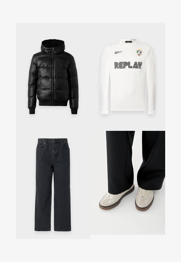 Zwarte pufferjack met een glanzende, gewatteerde buitenkant, een gevoerde capuchon en ribgebreide manchetten en zoom. Voorzien van een frontale ritssluiting.; Witte lange mouwen shirt met zwarte "REPLAY" tekst over de borst, kleine "REPLAY FC" tekst op de bovenlinkerzijde, en een driekleurig schildembleem met drie sterren op de bovenrechterside.; Donkerblauwe denimbroek met een wijde pijp, vijf zakken en een knoopsluiting. Inclusief hardware in koperkleur en een subtiele textuur.; Voeten met beige sneakers met bruine zolen en zwarte wijde broekspijpen op een witte achtergrond.