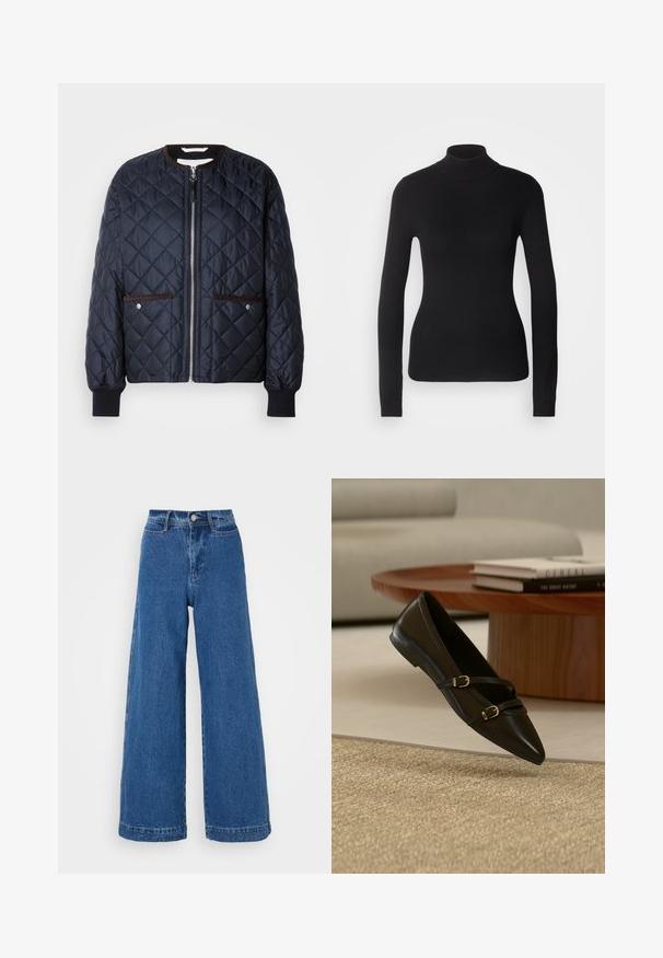 Veste matelassée bleu marine avec fermeture éclair, garniture marron, poches latérales et poignets côtelés. Tissu lisse et brillant avec un motif en diamants.; Pull à col roulé noir en maille légère. Il possède des manches longues, une coupe ajustée et une texture côtelée douce.; Jean taille haute à jambes larges en denim bleu. Présente une fermeture à bouton à l'avant, cinq poches et des détails déchirés le long des bords.; Chaussure plate noire à bout pointu avec deux fines brides à boucle flottant au-dessus d'un tapis beige, avec une table basse en bois et des livres en arrière-plan.