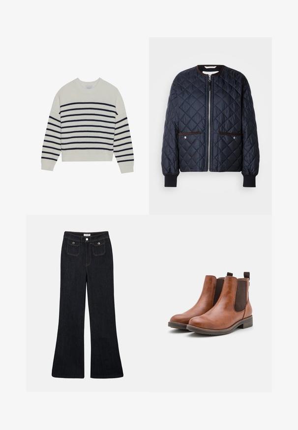 Veste matelassée bleu marine avec fermeture éclair, garniture marron, poches latérales et poignets côtelés. Tissu lisse et brillant avec un motif en diamants.; Pull créme avec des rayures horizontales navy, texture côtelée, col rond et manches longues. Coupe décontractée avec un design court.; Jeans en denim foncé évasés avec une taille haute, deux poches avant et des coutures orange. Le matériau semble robuste et lisse.; Bottines en cuir marron avec des panneaux élastiques sur les côtés, bout rond et petit talon en bois. Présentent une languette pour un enfilage facile.