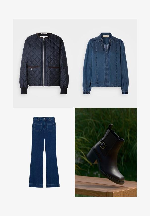 Gequilte marineblauwe jas met een ritssluiting, bruine bies, zijzakken en geribde manchetten. Gladde, glanzende stof met een ruitpatroon.; Donkerblauwe spijkerjack, met een V-hals, gathered mouwen en geborduurde details. Ontworpen met een relaxed fit en gestructureerde schouders.; Donkerblauwe denim flared jeans met een gladde textuur, vijf zakken en een knoopsluiting aan de taille.; Zwarte leren enkellaars met lage hak en zijgesp, drijvend boven een houten oppervlak buiten met een groene achtergrond van bladeren.