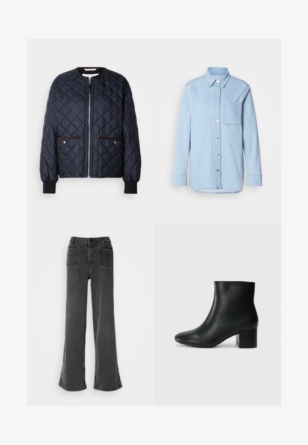 Gequilte marineblauwe jas met een ritssluiting, bruine bies, zijzakken en geribde manchetten. Gladde, glanzende stof met een ruitpatroon.; Lichtblauwe denim shirt met een knoopsluiting aan de voorkant, puntige kraag, één borstzak en lange mouwen met knoopmanchetten.; Hoge taille, wijd-uitlopende zwarte jeans gemaakt van denim, met een knoopsluiting, riemlussen en twee achterzakken met gestikte accenten.; Zwarte leren enkellaarzen met een spitse neus en een chunky hak. Gladde textuur met minimale accenten en een slank, strakk ontwerp.