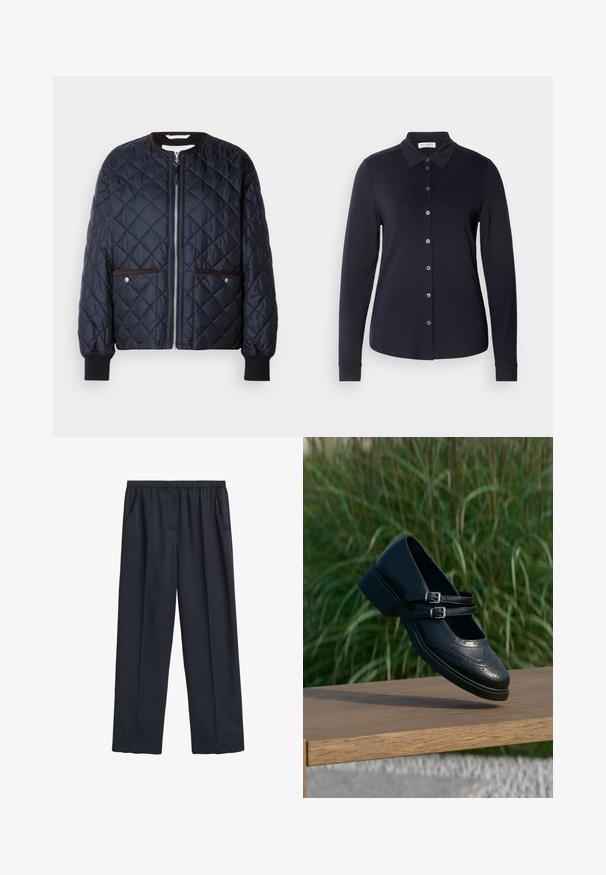 Veste matelassée bleu marine avec fermeture éclair, garniture marron, poches latérales et poignets côtelés. Tissu lisse et brillant avec un motif en diamants.; Chemise à manches longues bleu marine avec un col classique, en tissu doux, et six boutons à l'avant. Présente des poignets ajustés et une texture lisse.; Pantalons larges navy avec une taille élastique, deux poches latérales, texture de tissu douce et design fluide.; Chaussure Mary Jane en cuir noir avec doubles brides bouclées et détails brogue, flottant au-dessus d'un banc en bois avec en arrière-plan de l'herbe verte.