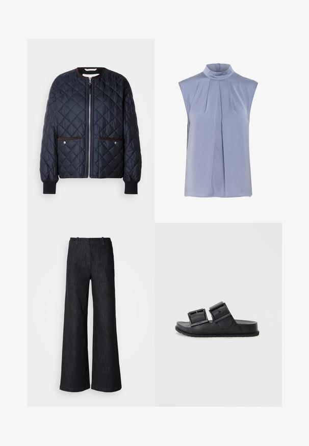 Quiltet navy jakke med lynlås, brun kant, sidelommer og ribbede ærmer. Glat, blankt stof med diamantmønster.; Sømløs top i lyseblåt stof med høj krave, prydet med plisseringer ned foran og en afslappet silhuet. Glat tekstur og elegant design.; Sorte viddebenede denimbukser med en tekstureret finish, udstyret med bæltestropper og en ren kant. Klassisk design, velegnet til forskellige lejligheder.; Sorte klipklappere lavet af tekstureret materiale med to justerbare remme med spænder. Flad sål med et mønstrede dæk for godt greb.