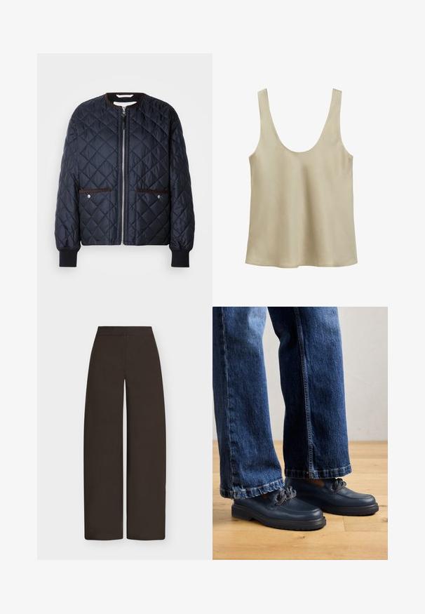 Gesteppte navy Jacke mit Reißverschluss, braunen Akzenten, Seitentaschen und gerippten Bündchen. Glattes, glänzendes Material mit einem Rautenmuster.; Beiges ärmelloses Tanktop mit Rundhalsausschnitt und geradem Saum, aus glattem, leichtem Stoff gefertigt.; Braune, weit geschnittene Hose mit hoher Taille und glatter Vorderseite, vor einem hellgrauen Hintergrund präsentiert.; Dunkelblaue Leder Schuhe mit einer massiven Sohle und Kettendetails auf dem Obermaterial, kombiniert mit lockeren, dunkelblauen Jeans.