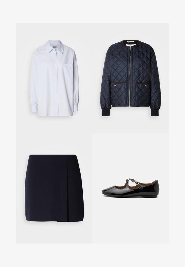 Chaqueta acolchada azul marino con cierre de cremallera, ribete marrón, bolsillos laterales y puños acanalados. Tejido suave y brillante con un patrón de diamantes.; Camisa de botones azul claro hecha de algodón. Presenta un collar en punta, mangas largas y un bolsillo en el pecho. Textura suave.; Una minifalda negra con una silueta recta, confeccionada en tela suave, que presenta una tablilla lateral para mayor detalle y un dobladillo limpio.; Zapato plano Mary Jane de charol negro con dos recortes y una correa con hebilla dorada sobre fondo blanco.