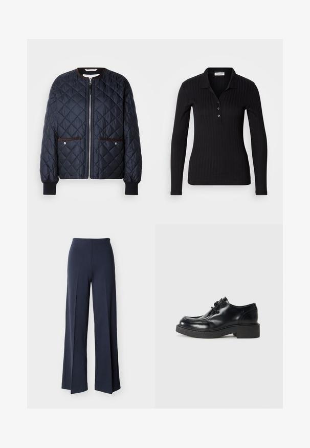 Quiltet navy jakke med lynlås, brun kant, sidelommer og ribbede ærmer. Glat, blankt stof med diamantmønster.; Sort langærmet polo-shirt lavet af ribbet stof, med krave, tre-knaps lukning og slank pasform.; Marineblå bukser med vide ben og sideslidser, høj talje og glat front, vist mod en hvid baggrund.; Sorte læder oxford sko med rund tå, snørebåndsdesign og en tykk sort gummisål. Glat tekstur og minimale syninger.