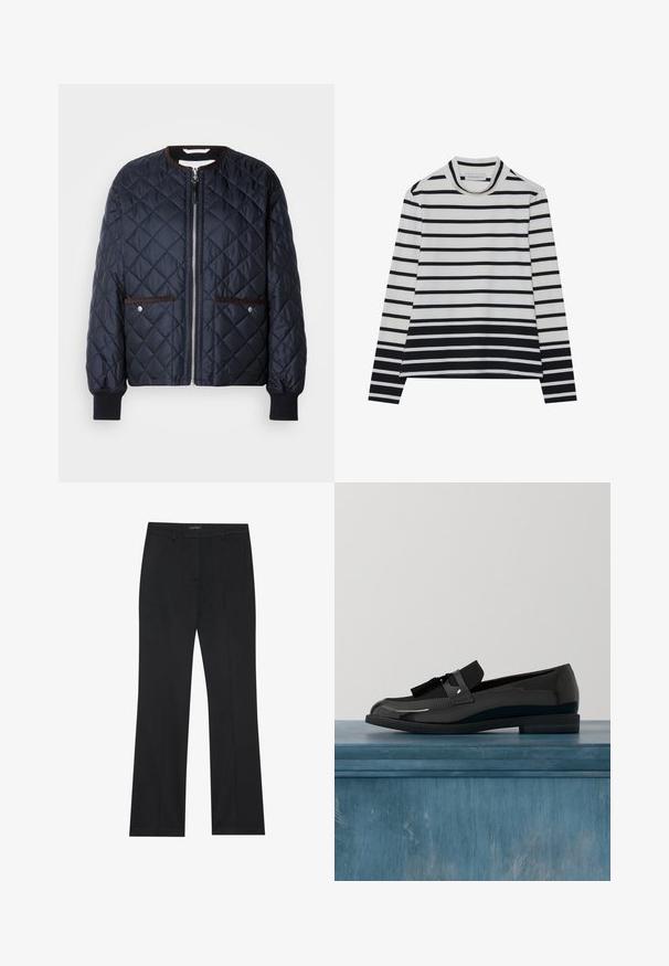Quiltet navy jakke med lynlås, brun kant, sidelommer og ribbede ærmer. Glat, blankt stof med diamantmønster.; Langærmet bluse lavet af bomuld, med vandrette sorte og hvide striber, en høj mock neck og en afslappet pasform med sidesplits.; Sorte bukser med lige snit, glat stof og uden synlige mønstre. Designet med klassiske forlommer og lynlås.; Sorte patenterede lædersko med flad hæl, med et frynsedetalje og glat overflade, designet med en rund tå og subtil søm.