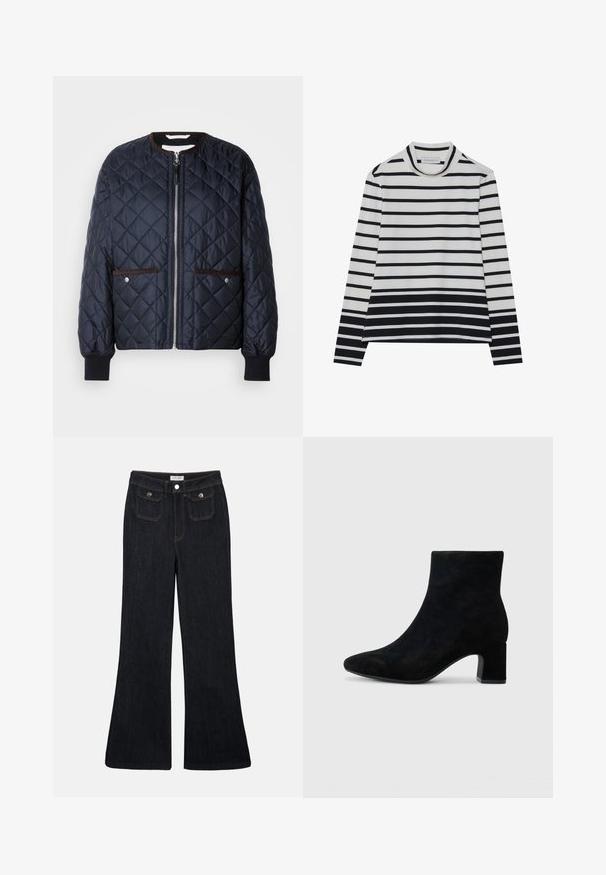 Quiltet navy jakke med lynlås, brun kant, sidelommer og ribbede ærmer. Glat, blankt stof med diamantmønster.; Langærmet bluse lavet af bomuld, med vandrette sorte og hvide striber, en høj mock neck og en afslappet pasform med sidesplits.; Sorte denim jeans med høj talje, flared ben, to frontlommer og orange syninger. Materialet ser solidt og glat ud.; Sorte suede ankelstøvler med spidse tæer og en lav blokhæl, med en glat overflade og minimalistisk design.