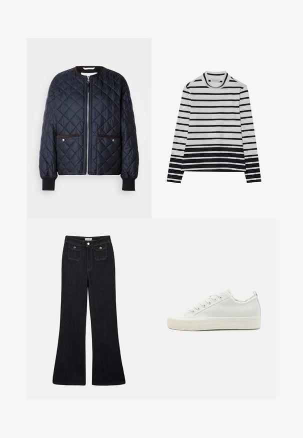 Veste matelassée bleu marine avec fermeture éclair, garniture marron, poches latérales et poignets côtelés. Tissu lisse et brillant avec un motif en diamants.; T-shirt à manches longues en coton, présentant des rayures horizontales noires et blanches, un col montant haut et une coupe décontractée avec des fentes sur les côtés.; Jeans en denim foncé évasés avec une taille haute, deux poches avant et des coutures orange. Le matériau semble robuste et lisse.; Baskets en toile blanches avec une tige texturée, bout rond, semelle plate et laçage à l'avant. Présentent un col légèrement effiloché et une languette.